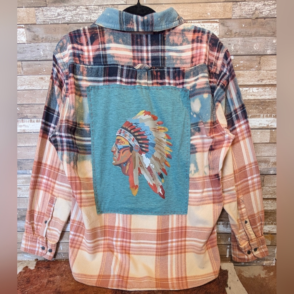 Southwest Indian He address Graphic Upcycled Dip Dye Bleached Flannel Shirt